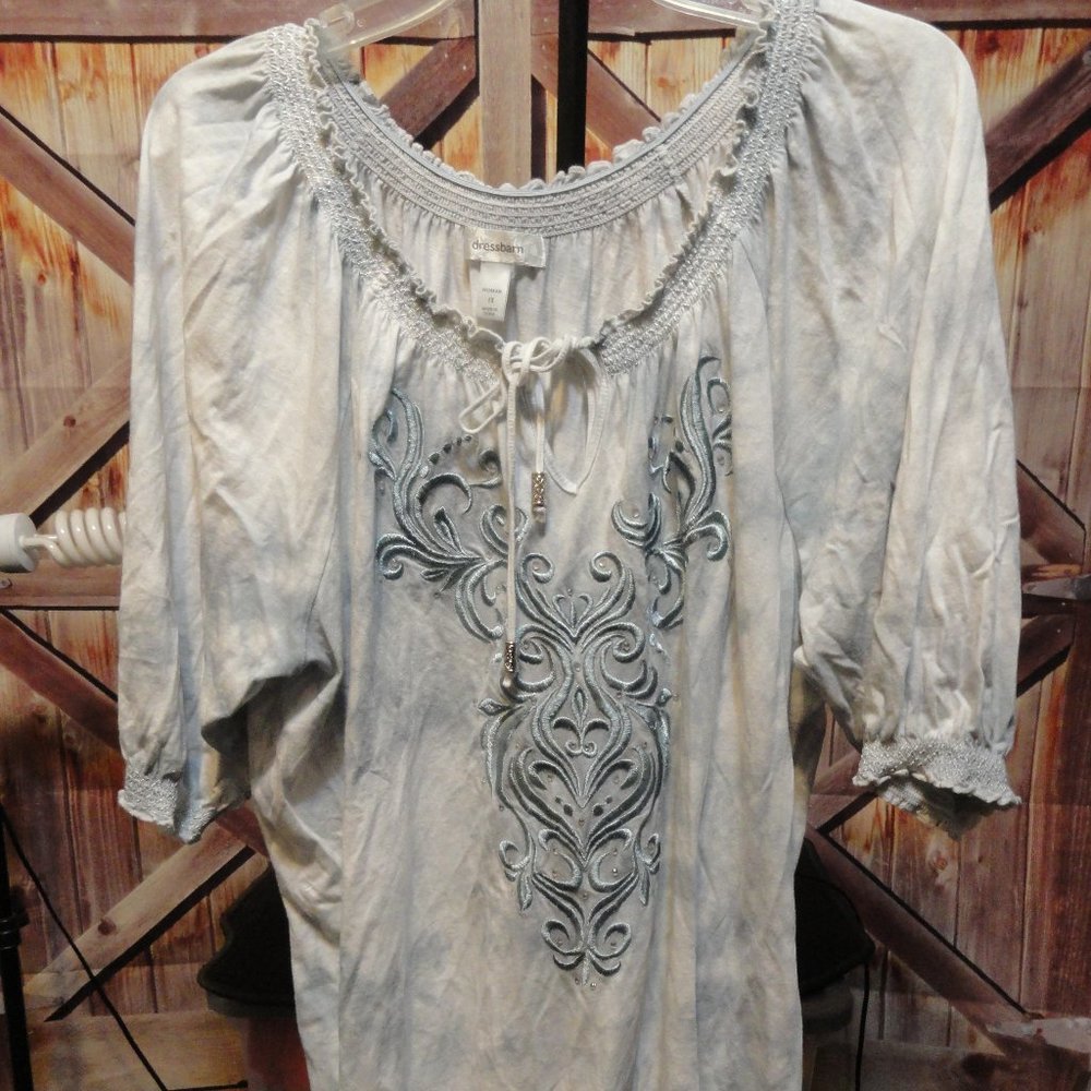 dress Barn Embroidered and beaded top blouse~tie dye style~fringe cuffs~…
